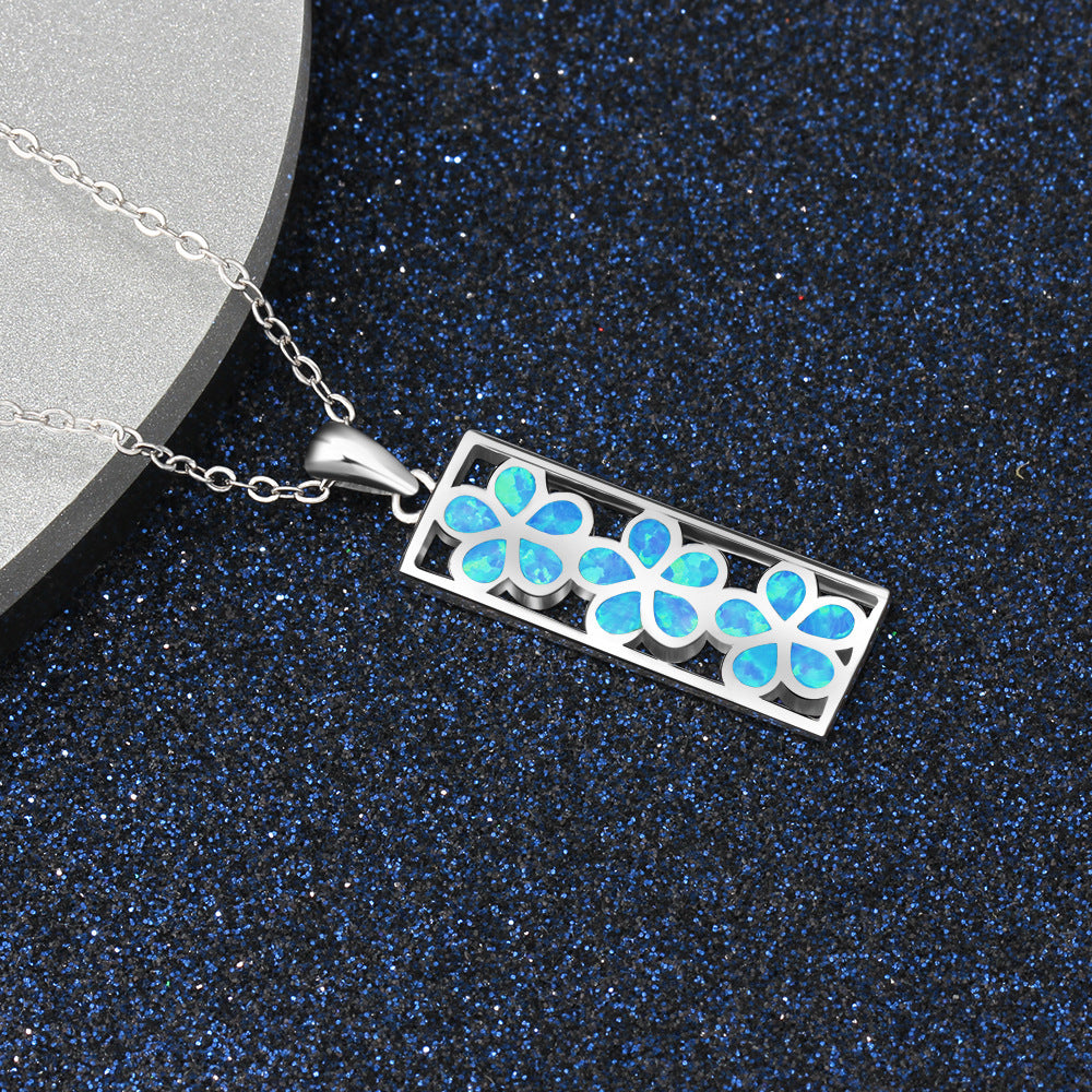 Three Blue Opal Flower Rectangle Pendant Sterling Silver Necklace