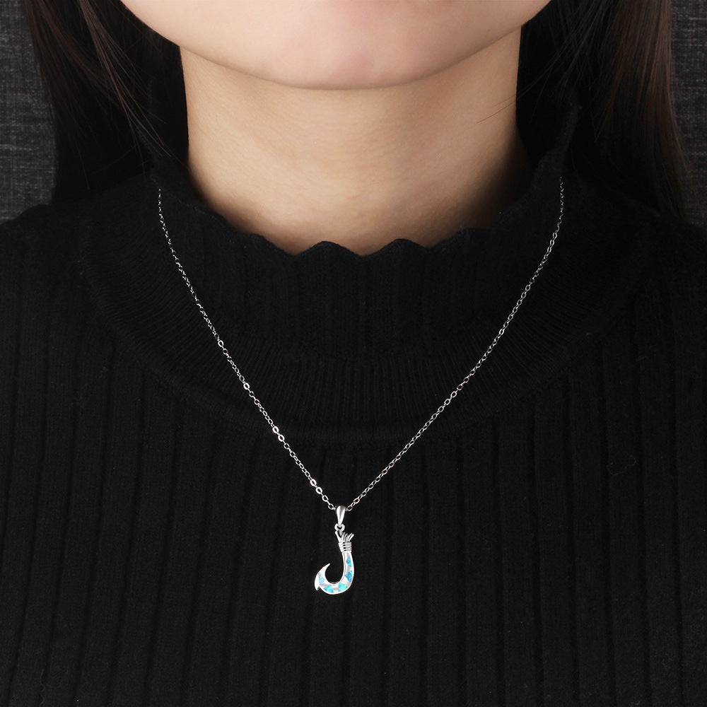 Blue Opal Fish Hook Sterling Silver Necklace