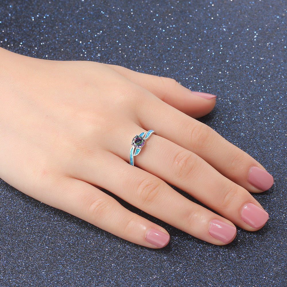 Colourful Round Zircon Blue Opal Sterling Silver Ring