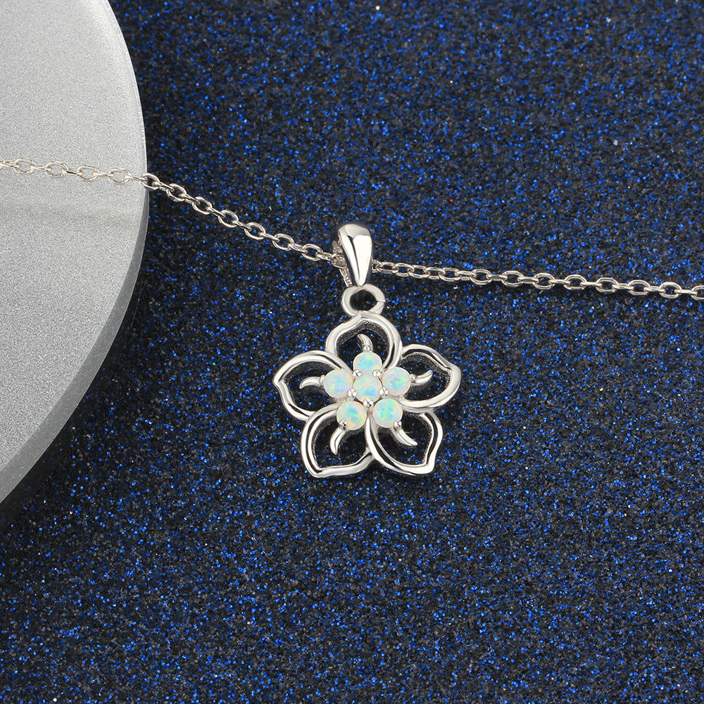 Hollow Plum Blossom Five Round Opal Sterling Silver Necklace