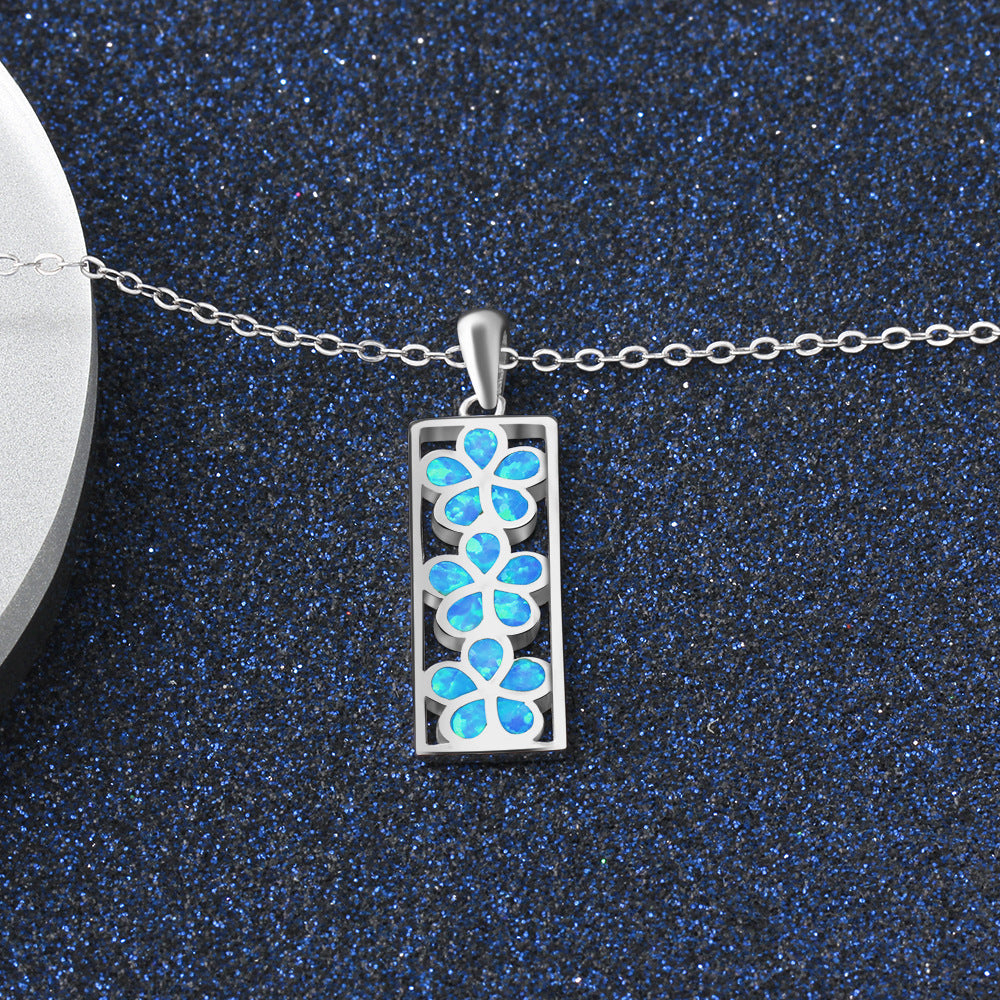 Three Blue Opal Flower Rectangle Pendant Sterling Silver Necklace