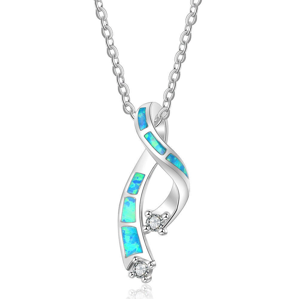 Ribbon Design Blue Opal Zircon Sterling Silver Necklace