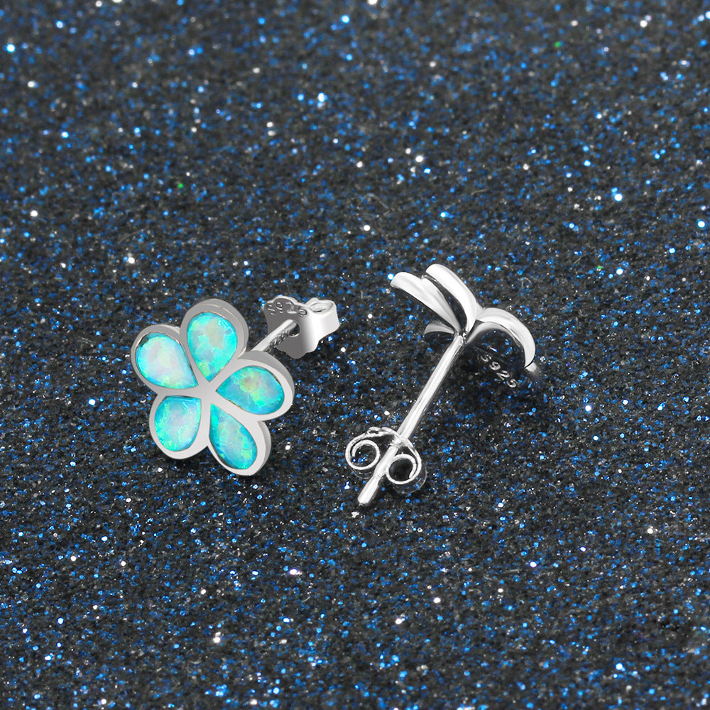 Blue Opal Windmill Flower Sterling Silver Stud Earrings