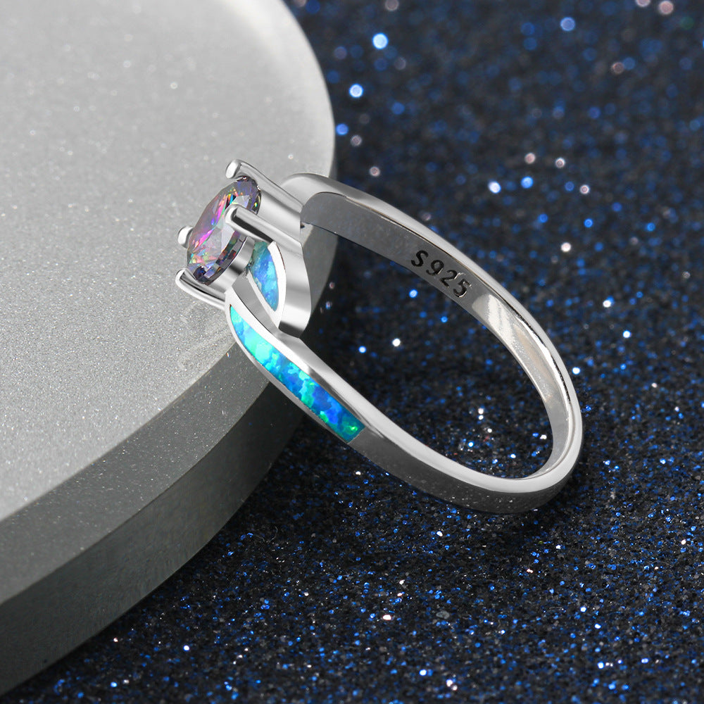 Colourful Round Zircon Blue Opal Sterling Silver Ring