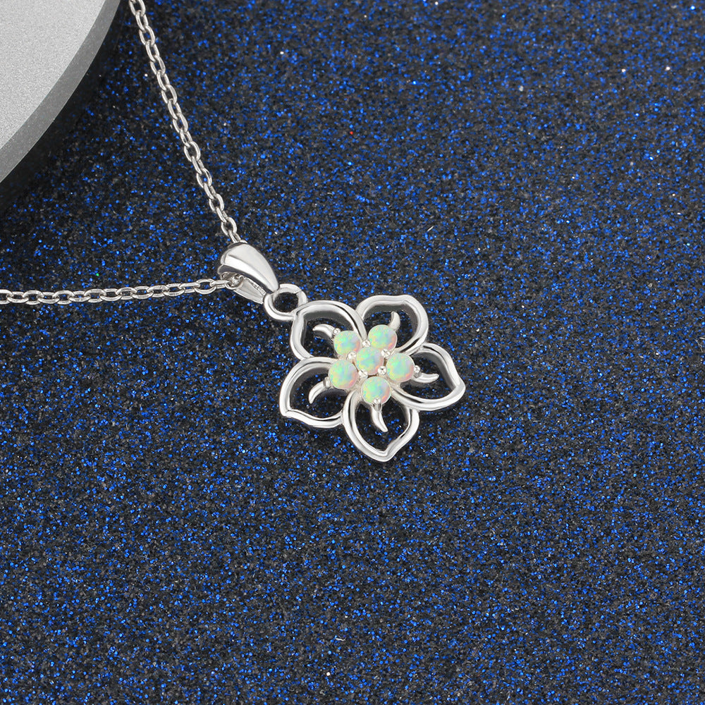 Hollow Plum Blossom Five Round Opal Sterling Silver Necklace