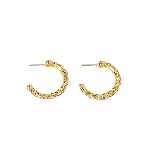 Diamond-Inlaid Metallic C-Shaped Earrings with High-End Appeal