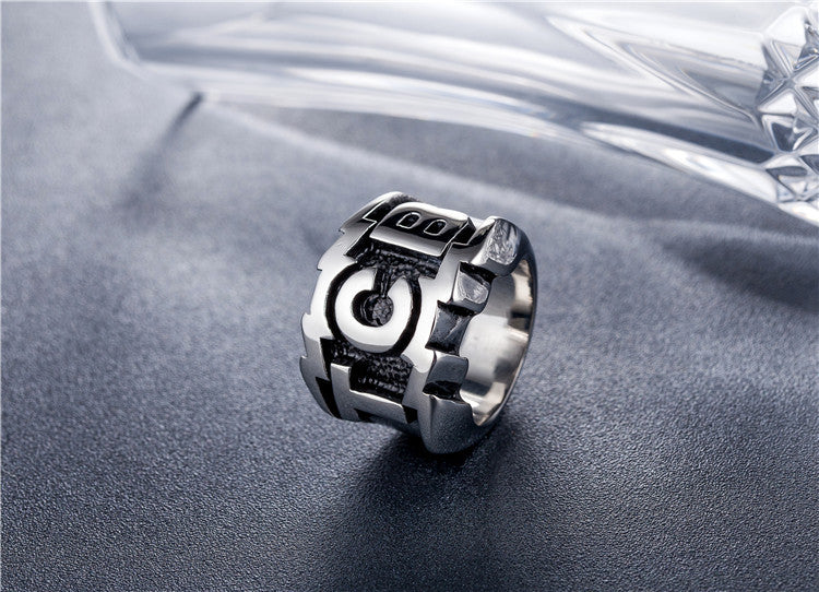 Vintage English Character Titanium Steel Men's Ring in European and American Foreign Trade Trend