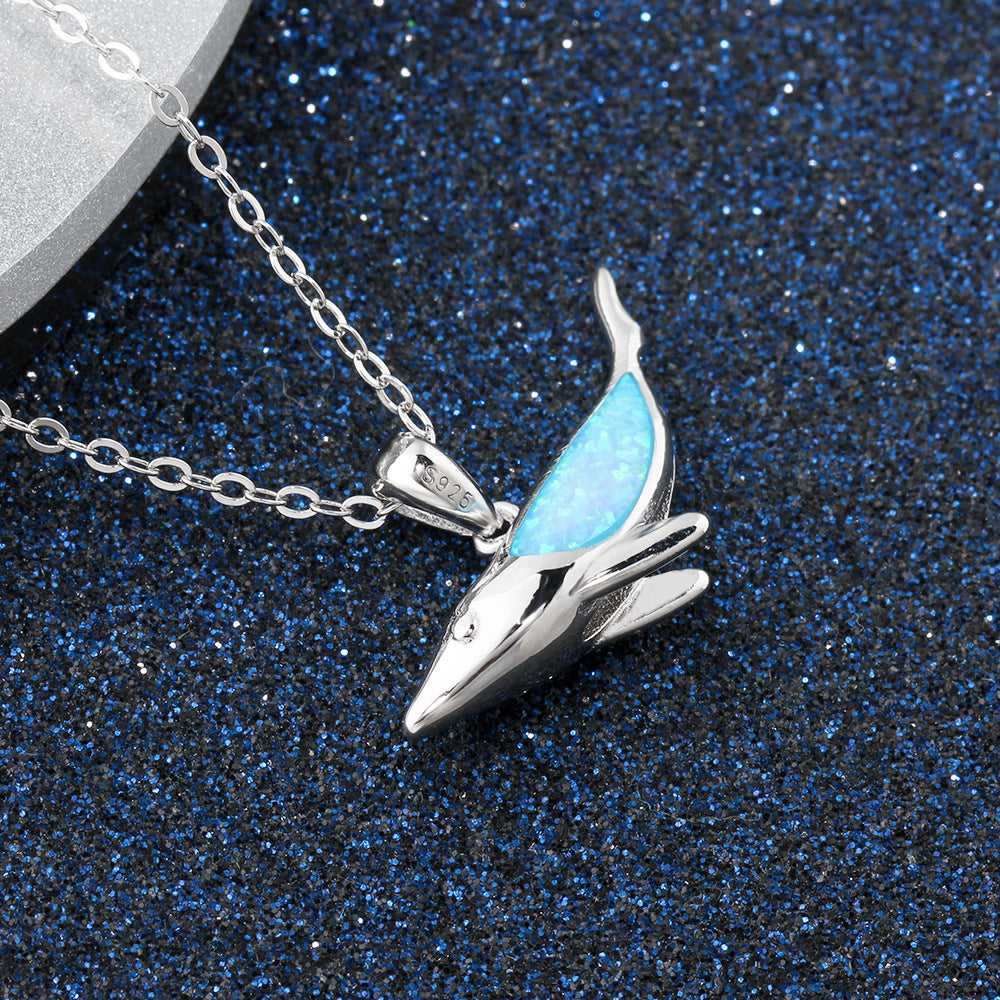 Ocean Whale Blue Opal Sterling Silver Necklace