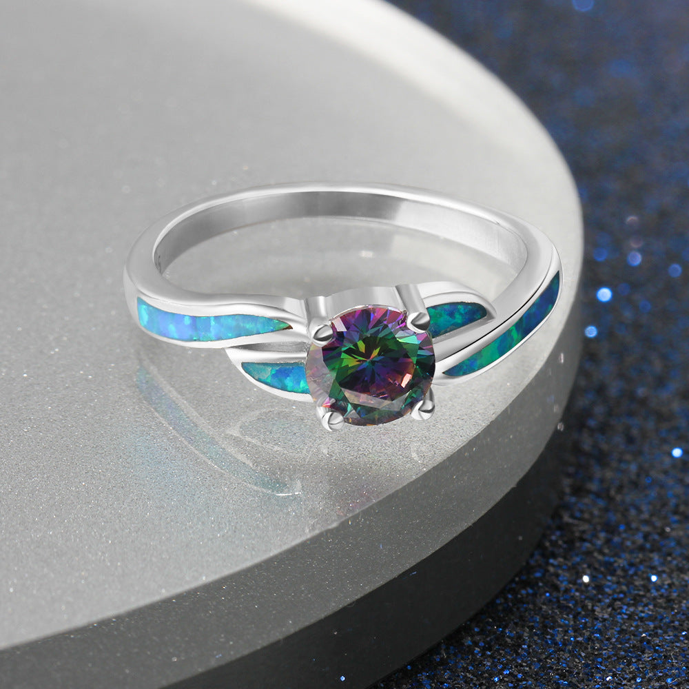 Colourful Round Zircon Blue Opal Sterling Silver Ring