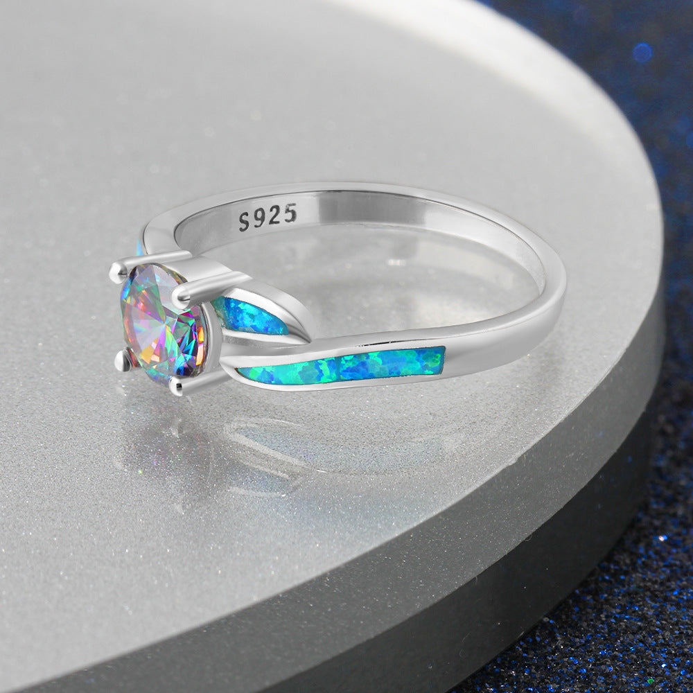 Colourful Round Zircon Blue Opal Sterling Silver Ring