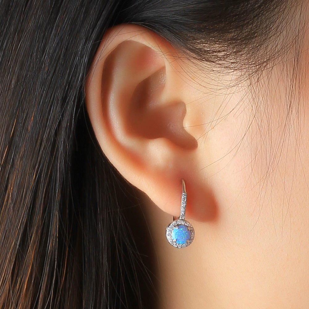 Blue Round Opal Zircon Soleste Halo Sterling Silver Hoop Earrings