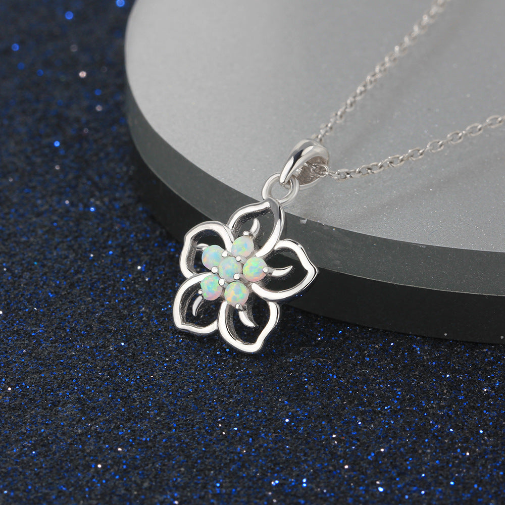 Hollow Plum Blossom Five Round Opal Sterling Silver Necklace