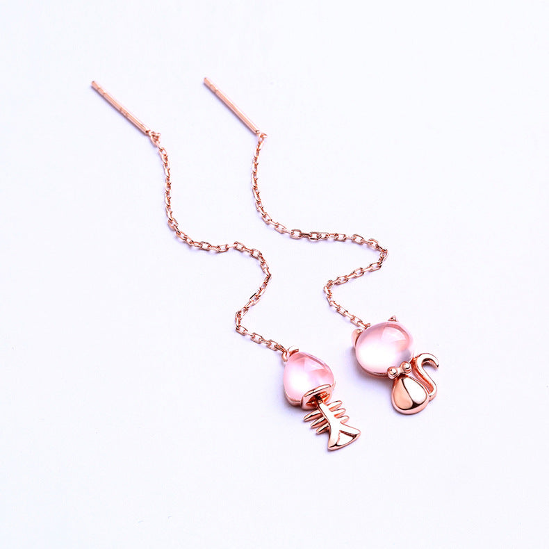 Pink Crystal Kitten and Fishbone Asymmetric Silver Ear Line Earrings