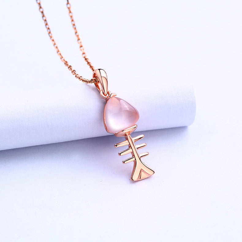 Little Fish Bone Pink Crystal Silver Necklace