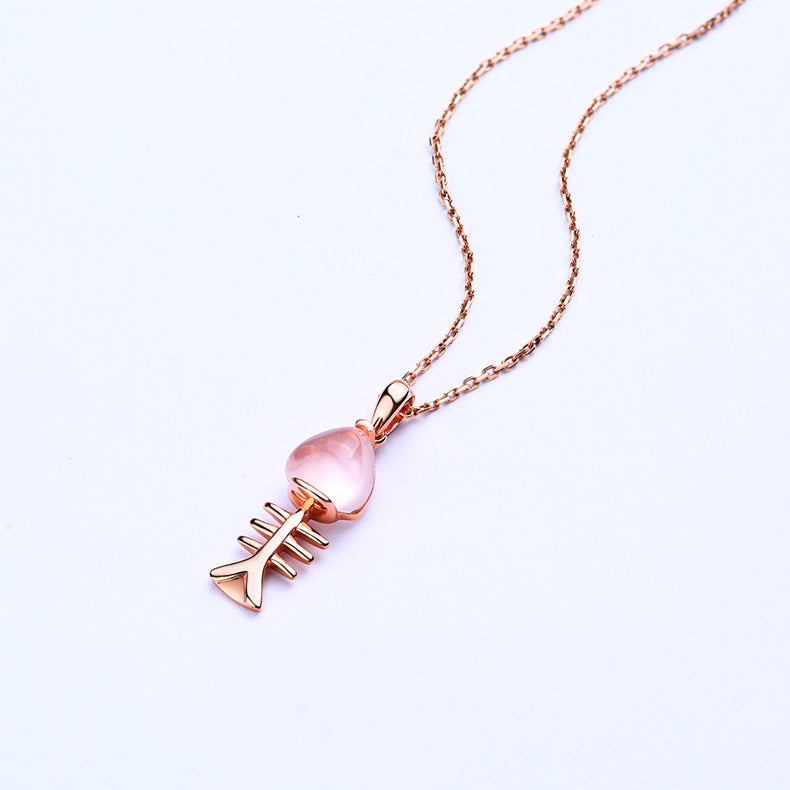 Little Fish Bone Pink Crystal Silver Necklace