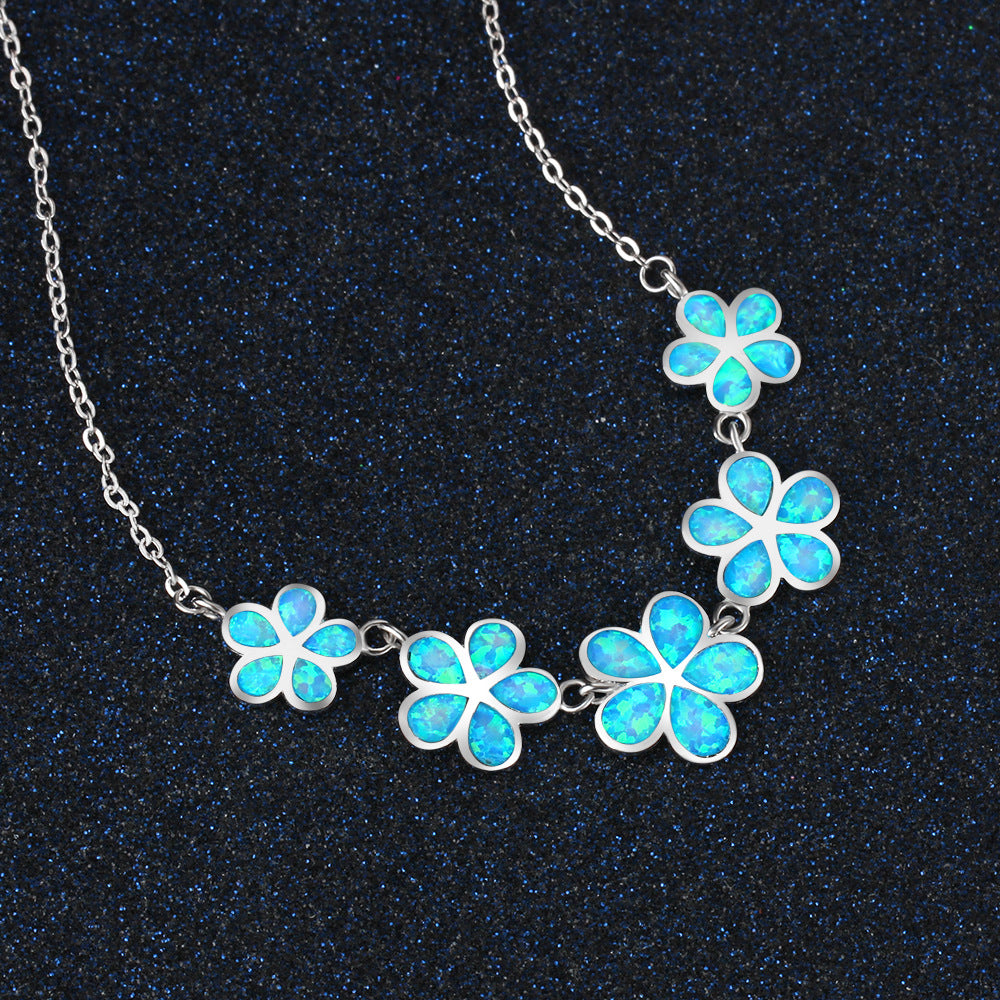 Five Blue Opal Flowers Sterling Silver Necklace