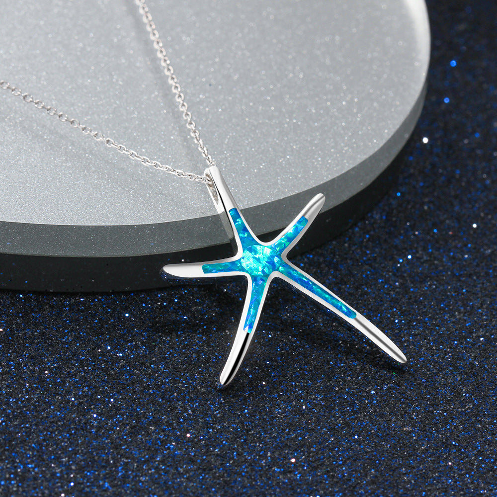 Blue Opal Starfish Pendant Sterling Silver Necklace