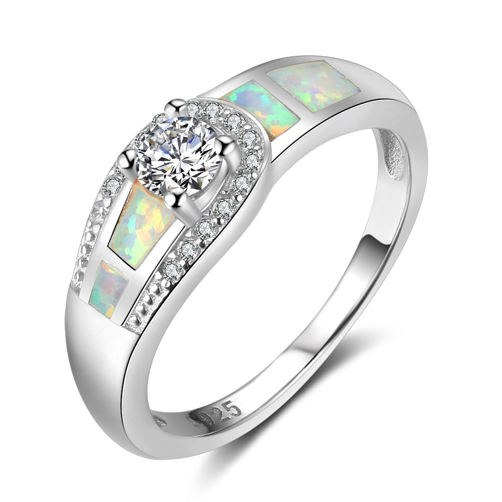 Round Zircon Buckle Design Opal Sterling Silver Ring