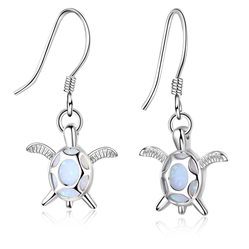 Little Turtle Pendant Blue Opal Sterling Silver Hook Earrings