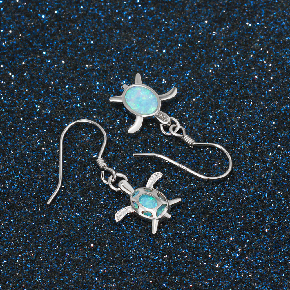 Little Turtle Pendant Blue Opal Sterling Silver Hook Earrings