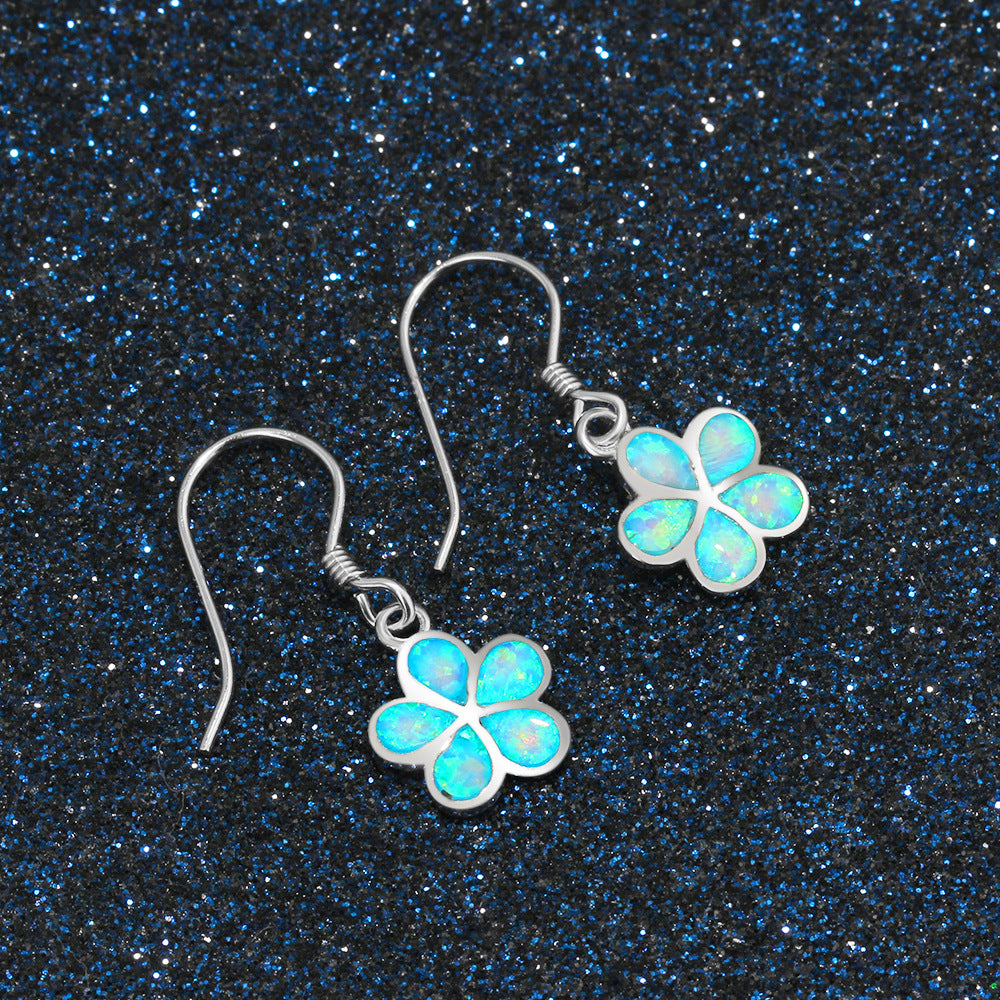 Blue Opal Windmill Flower Sterling Silver Hook Earrings