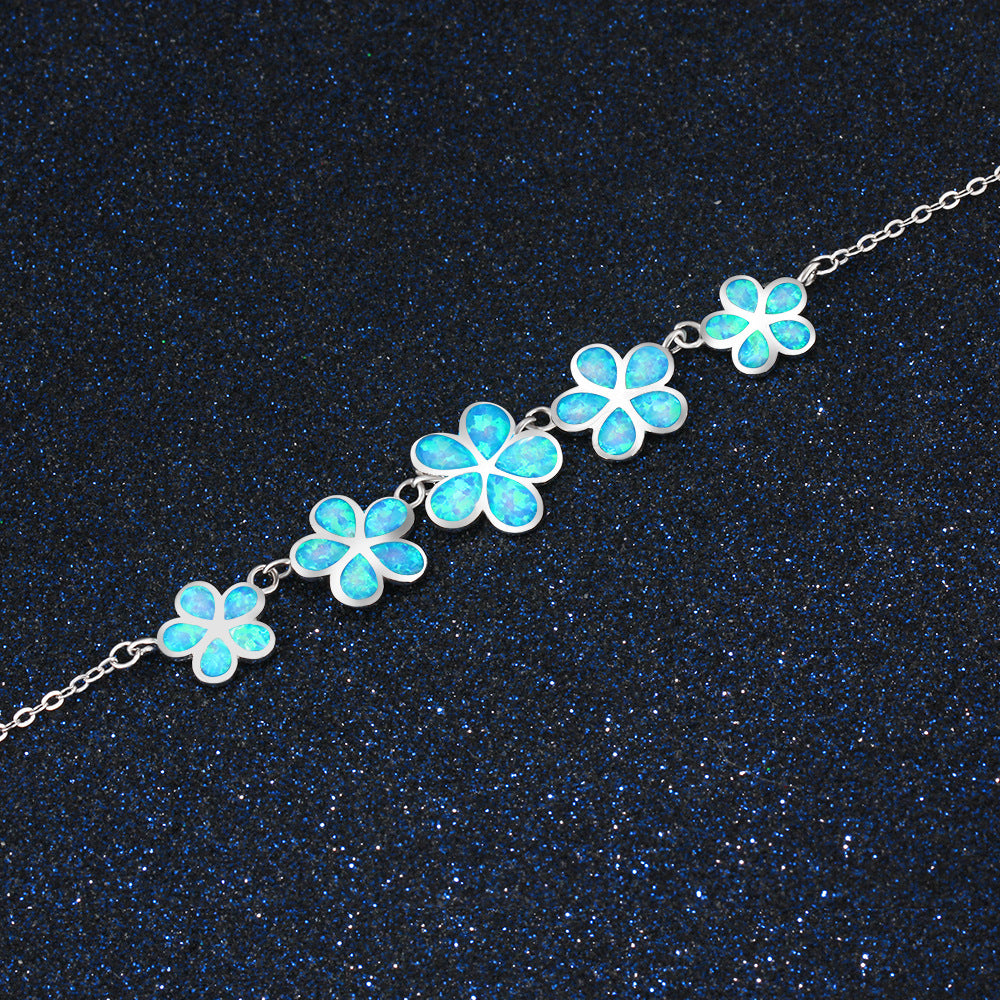 Five Blue Opal Flowers Sterling Silver Necklace