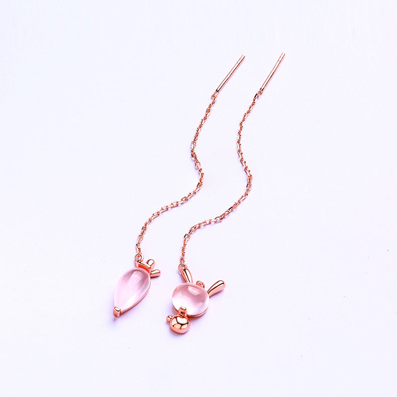 Pink Crystal Carrot and Bunny Asymmetrical Silver Ear Line Earrings