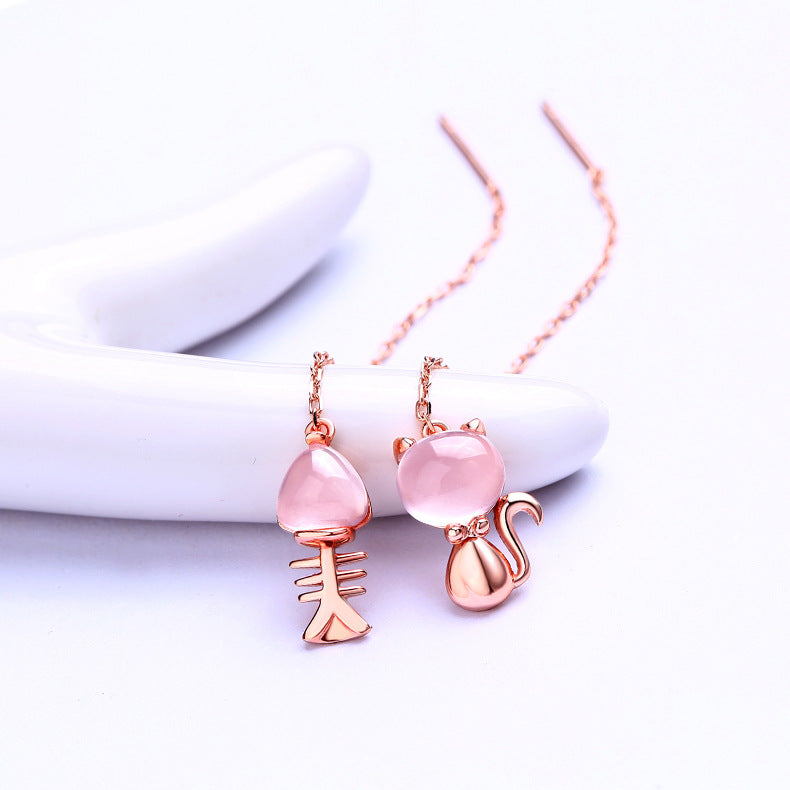 Pink Crystal Kitten and Fishbone Asymmetric Silver Ear Line Earrings