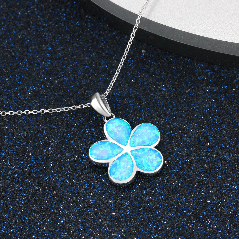 Blue Opal Flower Pendant Sterling Silver Necklace