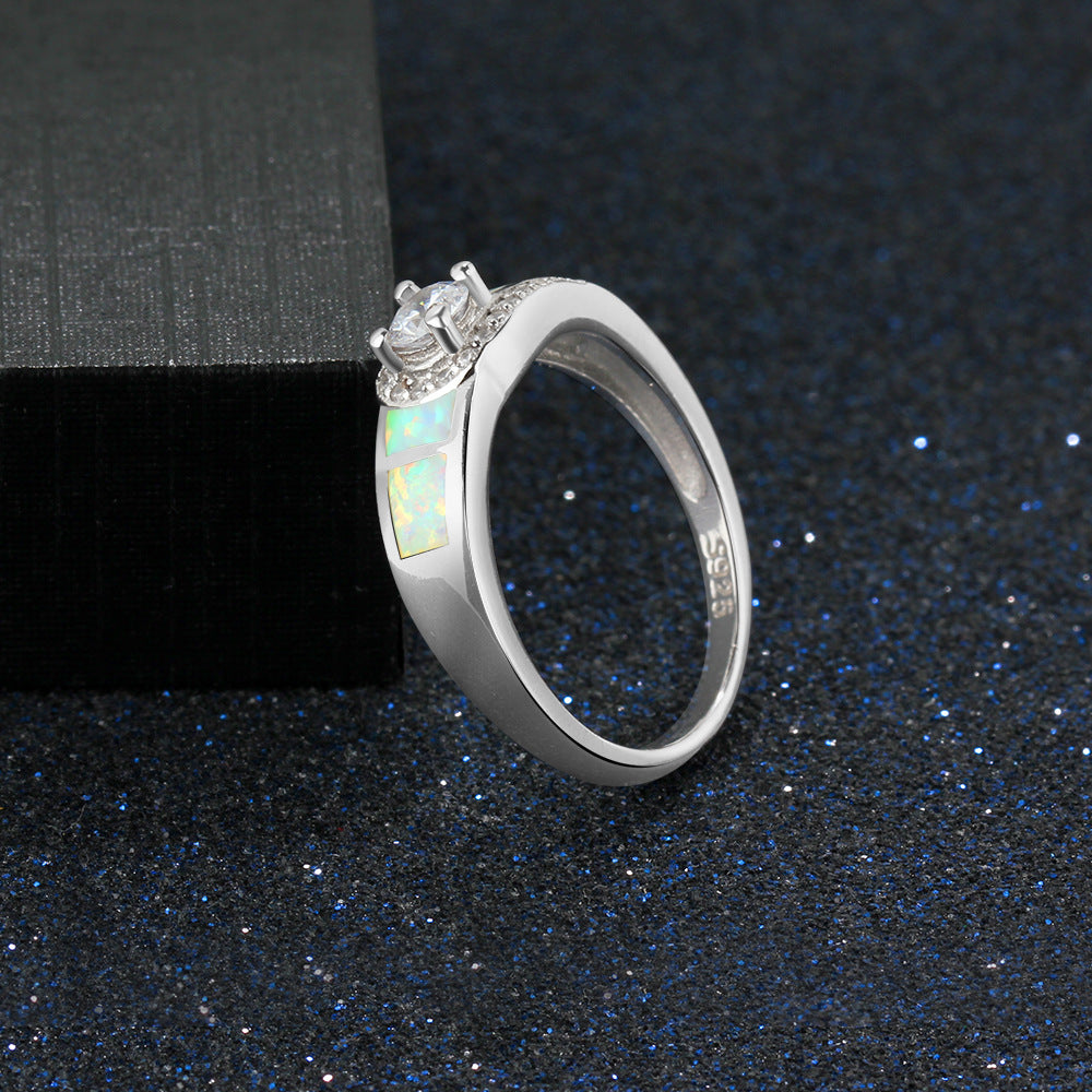 Round Zircon Buckle Design Opal Sterling Silver Ring