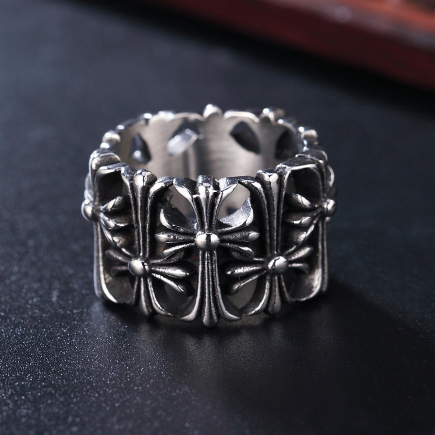 Hollow Forward Reverse Cross Flower Ultra Wide Titanium Steel Ring for Men