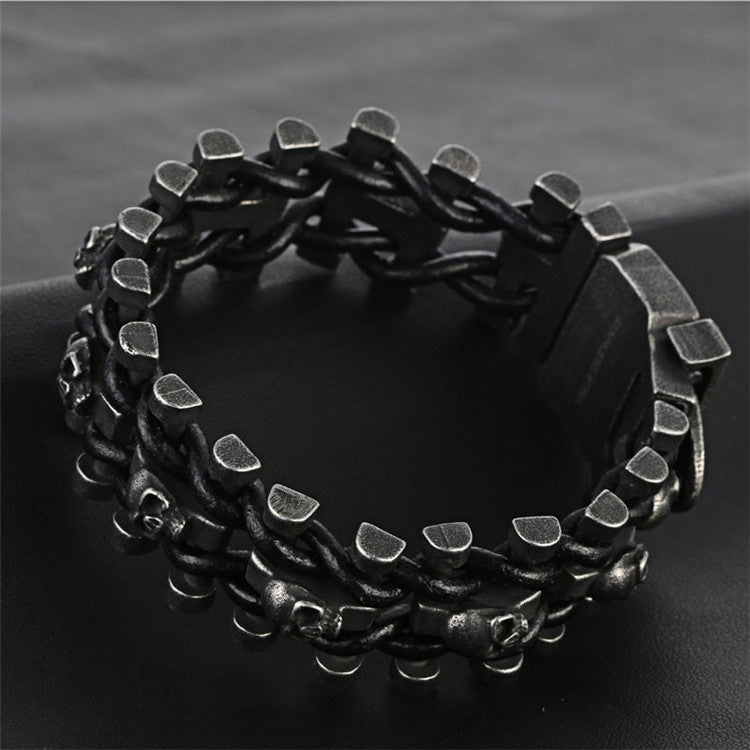 Punk-Inspired Titanium Steel and Leather Skull Bracelet for Men