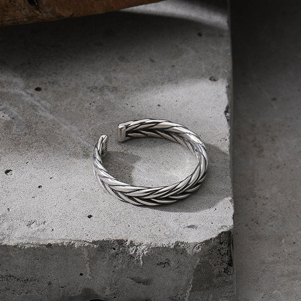 Woven Twill Opening Sterling Silver Ring