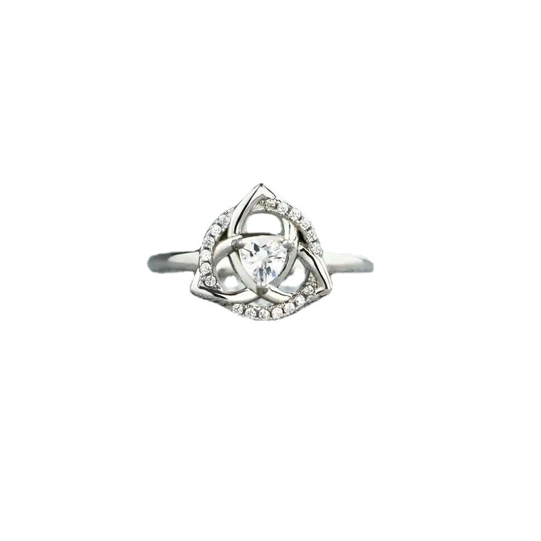 Triangle Zircon Trefoil Flower Opening Sterling Silver Ring