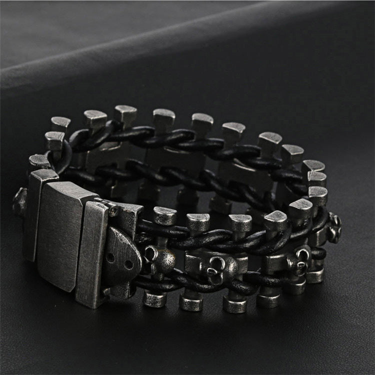 Punk-Inspired Titanium Steel and Leather Skull Bracelet for Men