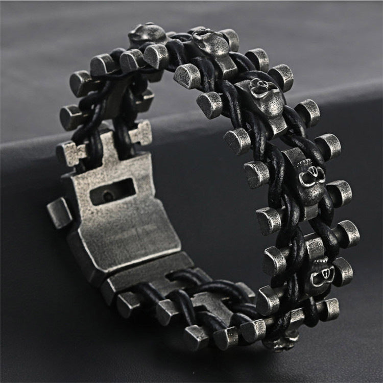 Punk-Inspired Titanium Steel and Leather Skull Bracelet for Men