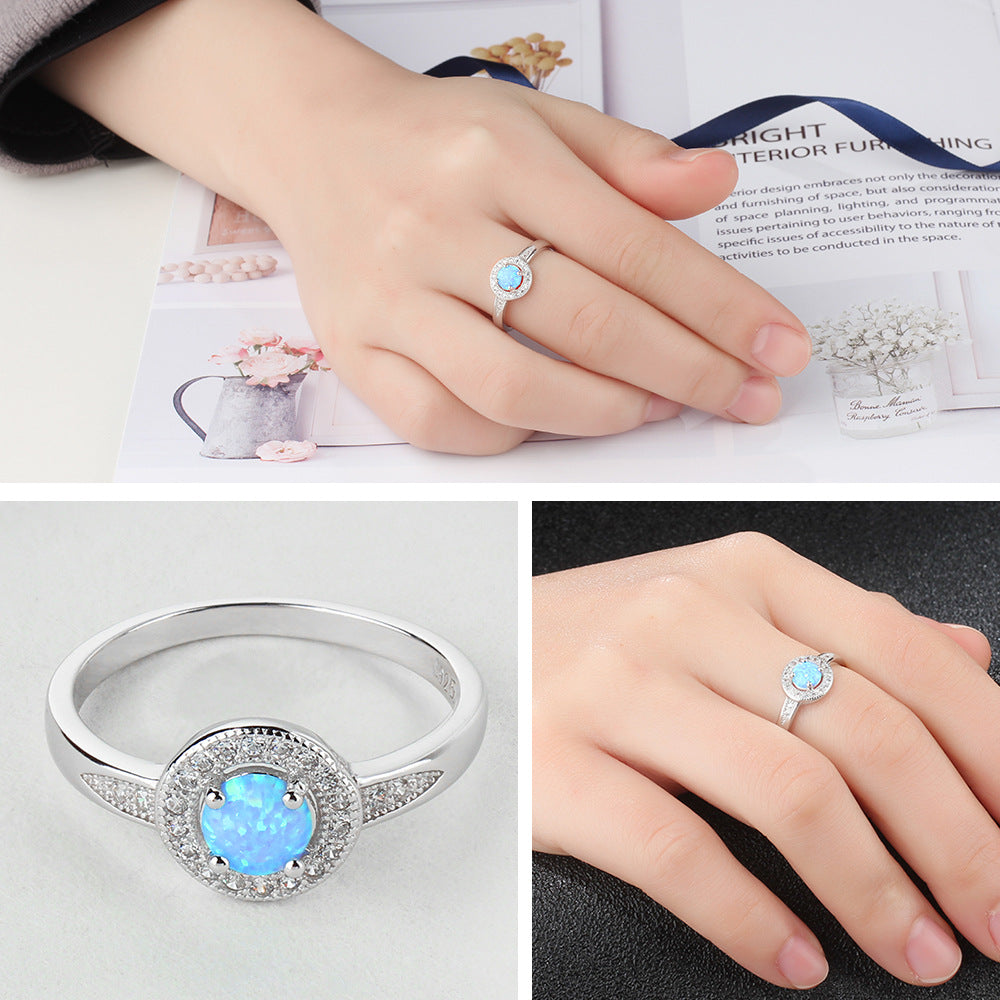 Round Blue Opal Soleste Halo Zircon Sterling Silver Ring