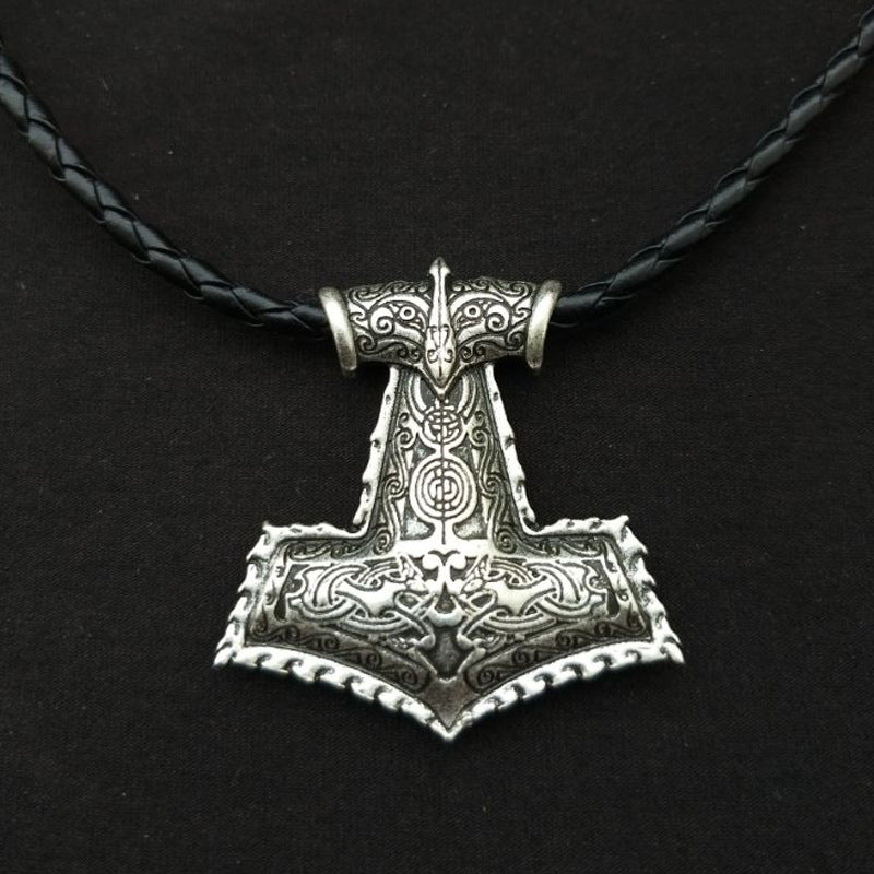 Thunder God Hammer Rune Necklace with Crow Pendant - Norse Legacy Collection