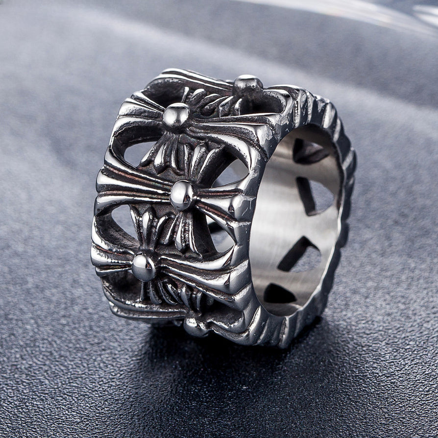 Hollow Forward Reverse Cross Flower Titanium Steel Ring for Men