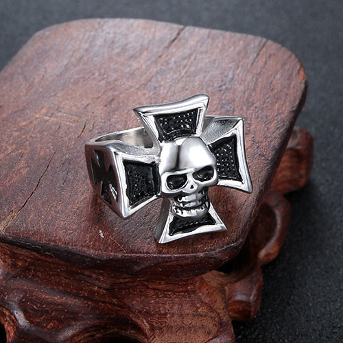 Titanium Steel Cross Skull Ring for Men - Retro European and American Religious Totem Jewelry