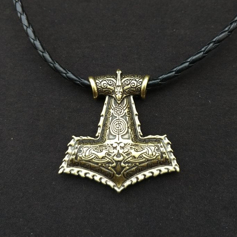 Thunder God Hammer Rune Necklace with Crow Pendant - Norse Legacy Collection