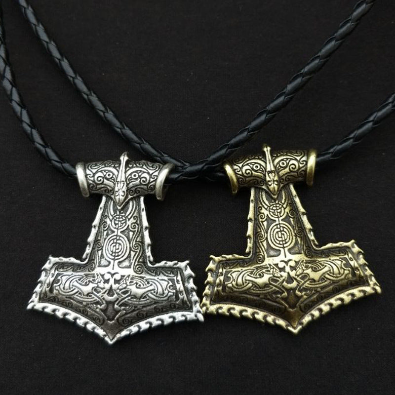 Thunder God Hammer Rune Necklace with Crow Pendant - Norse Legacy Collection