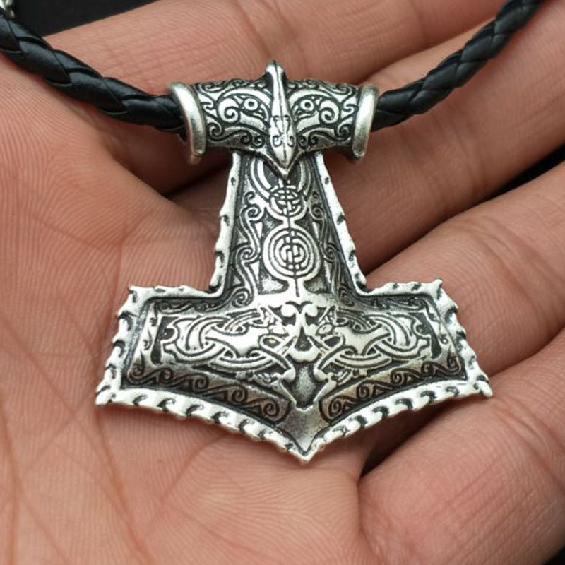 Thunder God Hammer Rune Necklace with Crow Pendant - Norse Legacy Collection