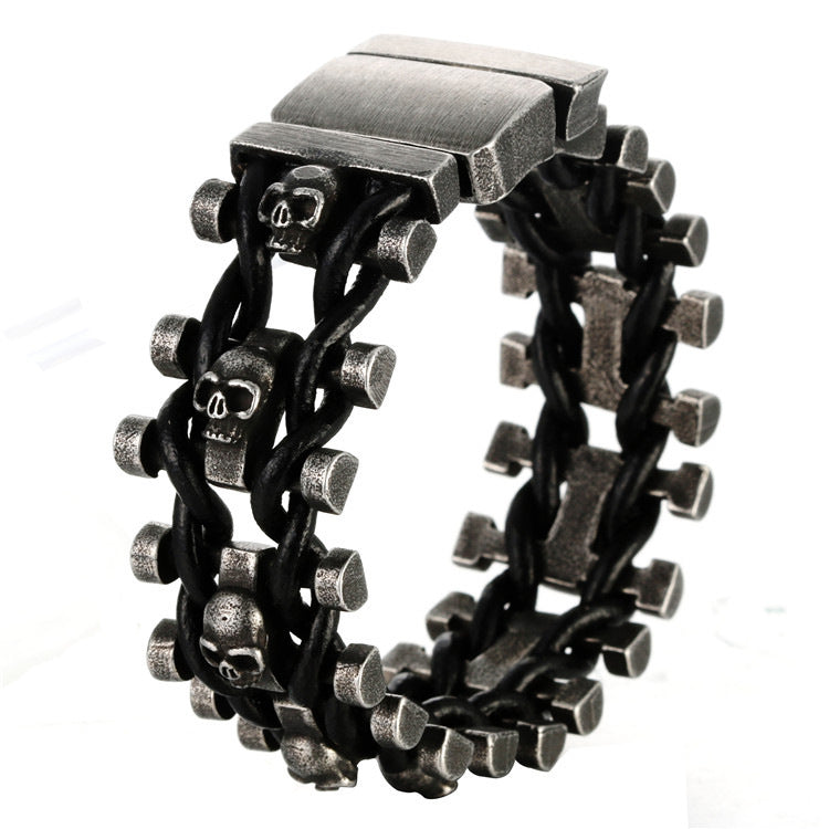 Punk-Inspired Titanium Steel and Leather Skull Bracelet for Men