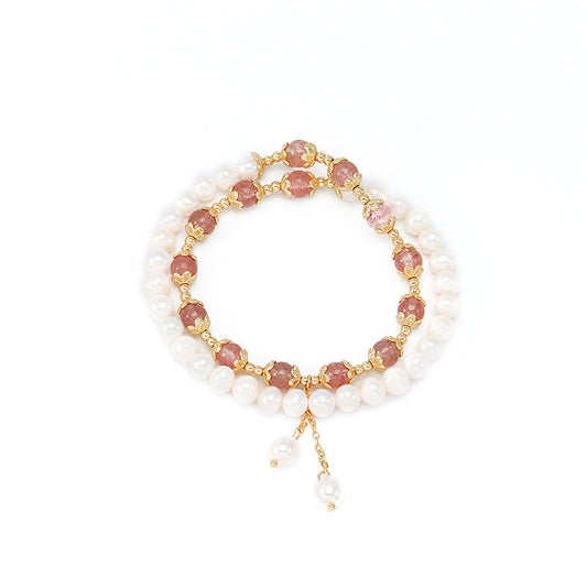 Exquisite Strawberry Crystal and Freshwater Pearl Double Stacked Bracelet