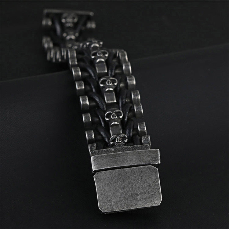 Punk-Inspired Titanium Steel and Leather Skull Bracelet for Men