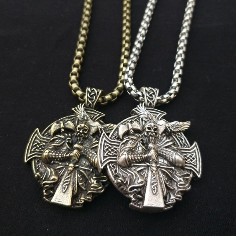 Norse Legacy: Viking Odin Necklace with Pagan Man Pendant and Cross Crow Pendant