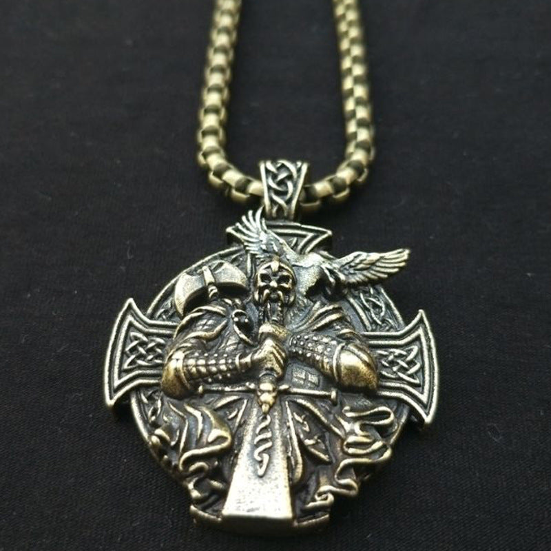 Norse Legacy: Viking Odin Necklace with Pagan Man Pendant and Cross Crow Pendant