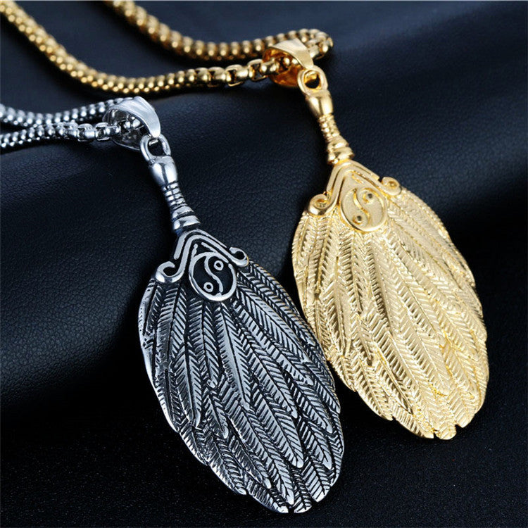 Titanium Steel Feather Pendant Necklace for Men - Retro Punk Style Tai Chi Baga Kongming Fan Design