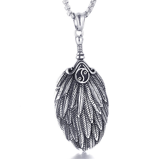 Titanium Steel Feather Pendant Necklace for Men - Retro Punk Style Tai Chi Baga Kongming Fan Design